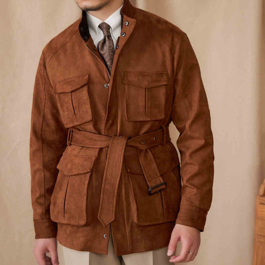 Como keinomokkanahkainen vyöllinen safari-takki